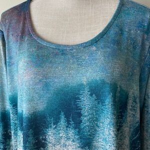 NWT CJ Banks Long Sleeve Top   Crew Neck   Polyester  Gray/Teal/Navy/Purple   2X